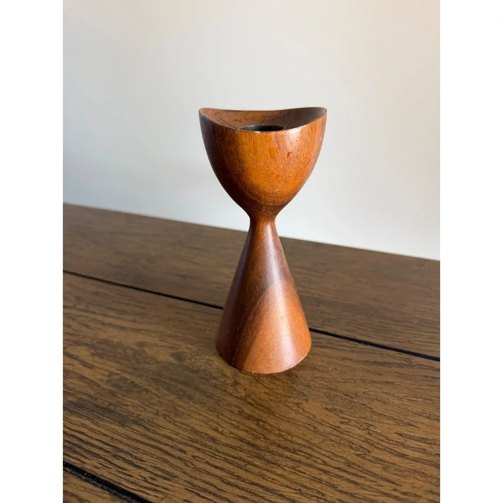 Vintage Teak Wood Candle Holder 6in Brown Good MCM Hourglass Danish